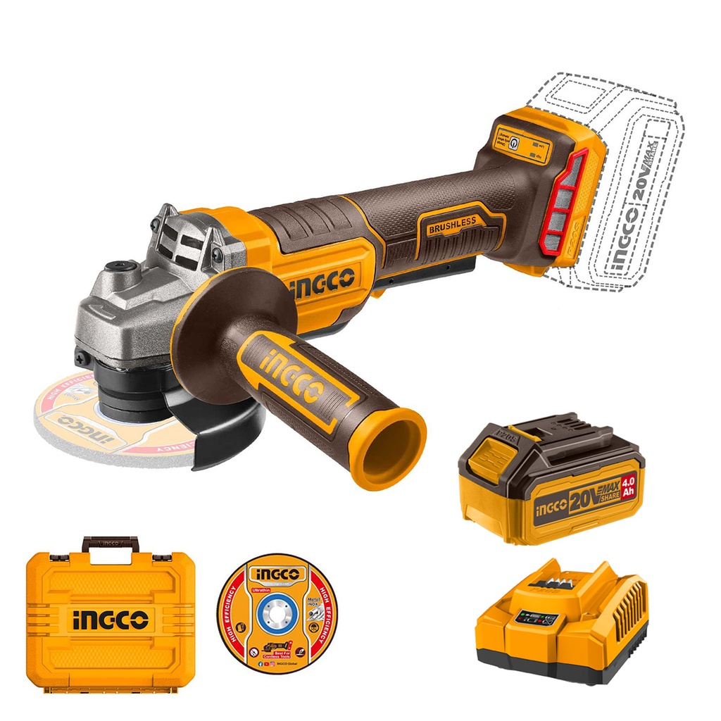 [35493] Esmeril Angular Brushless Cabeza Móvil Inalámbrico + Batería 4Ah y Cargador + 10 Discos 4 1/2" 20V 115mm