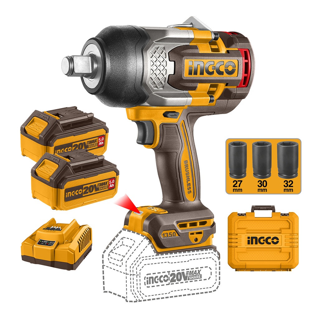[37071] Pistola de Impacto Brushless Inalámbrica + 2 Baterías 5Ah y Cargador Industrial 3/4" 20V / 1350Nm