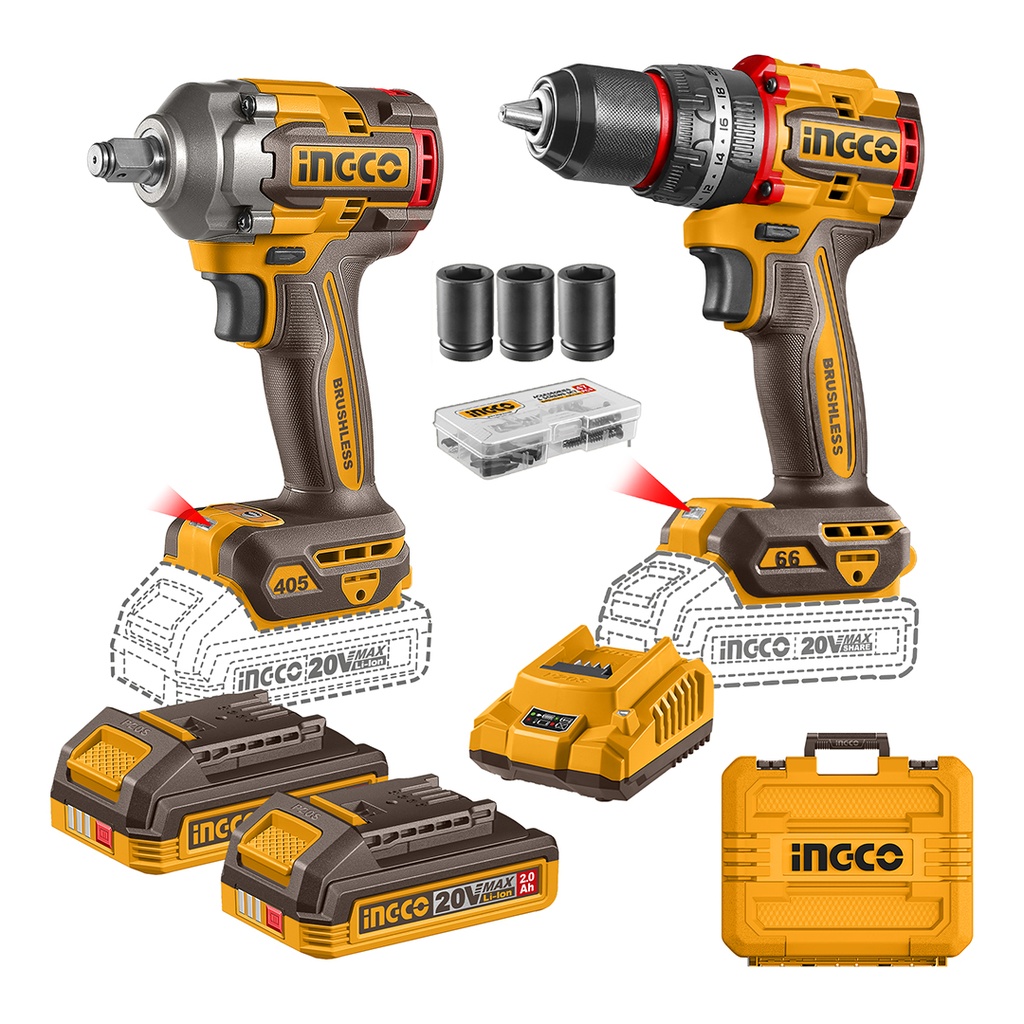 [37371] Set Taladro Percutor y Pistola de Impacto Brushless Inalámbrico + 2 Baterías y Cargador Industrial 20V