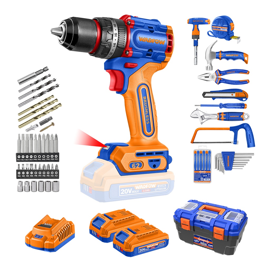 [37243] Taladro Percutor Brushless Inalámbrico + 2 Baterías 2Ah y Cargador + Set 119 Piezas 20V / 62Nm