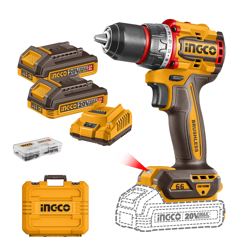 [37065] Taladro Percutor Brushless 20V / 66Nm (Kit completo (+2 Baterías + Cargador + 47 Acc))